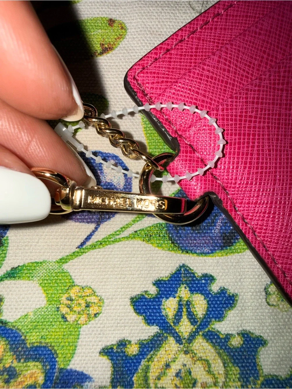 Michael Kors Hot Pink Saffiano Card Holder with Gold Chain